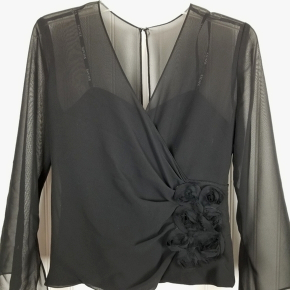 Xscape Joanna Chen Corset Top Sheer Sleeves Boning Black Size 4 Petite Mobwife - Picture 2 of 11